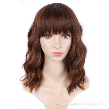 Vigorous Cheap Price Middle Long With Neat Bangs Brown Machine Made High Temperature Fiber For Black Women Synthetic Hair Wigs